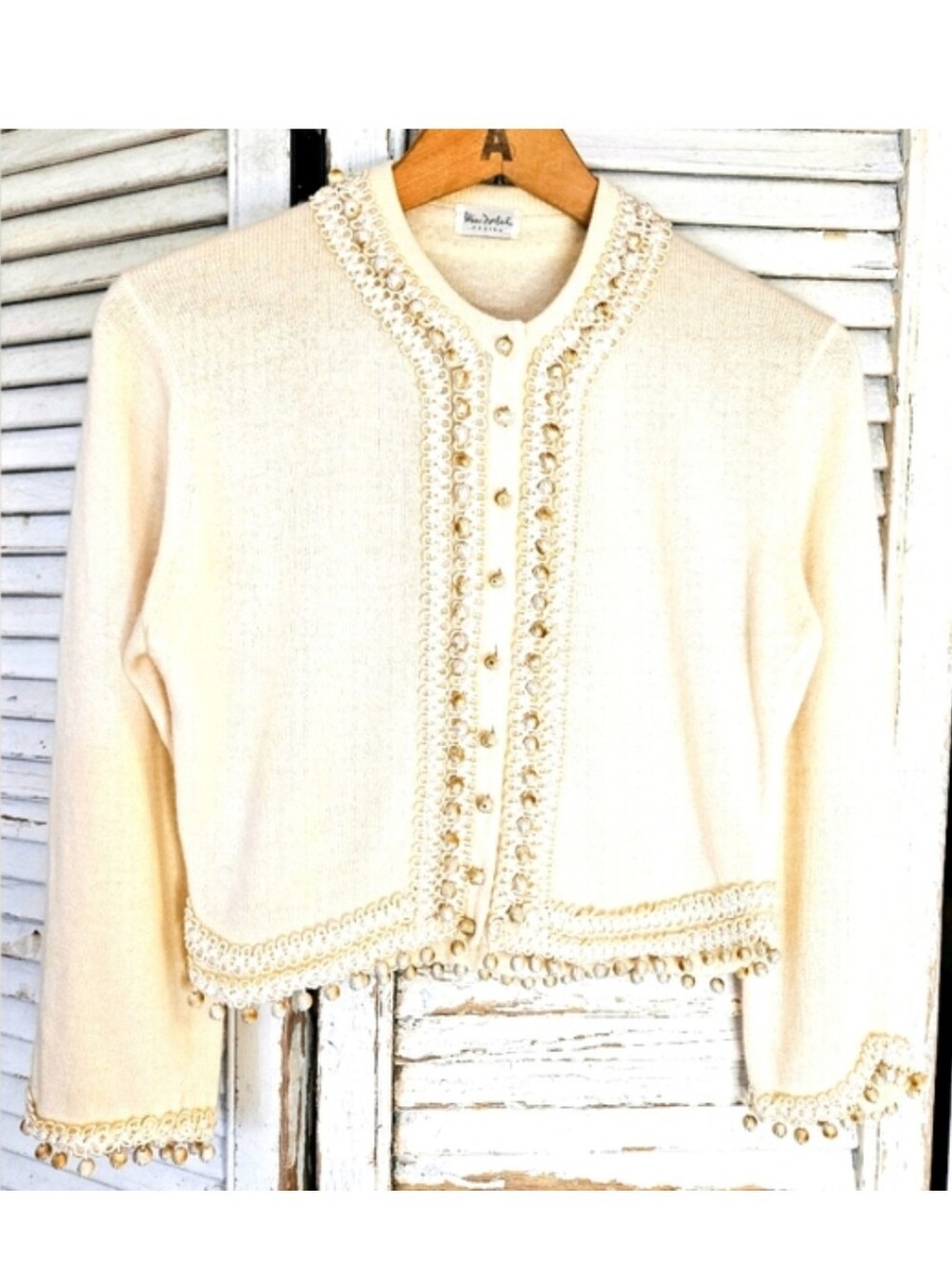 Vintage 1950s Cropped Beaded Wool Bolero Cardigan Small
